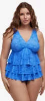 Kék női molett tankini fürdőruha fodrokkal